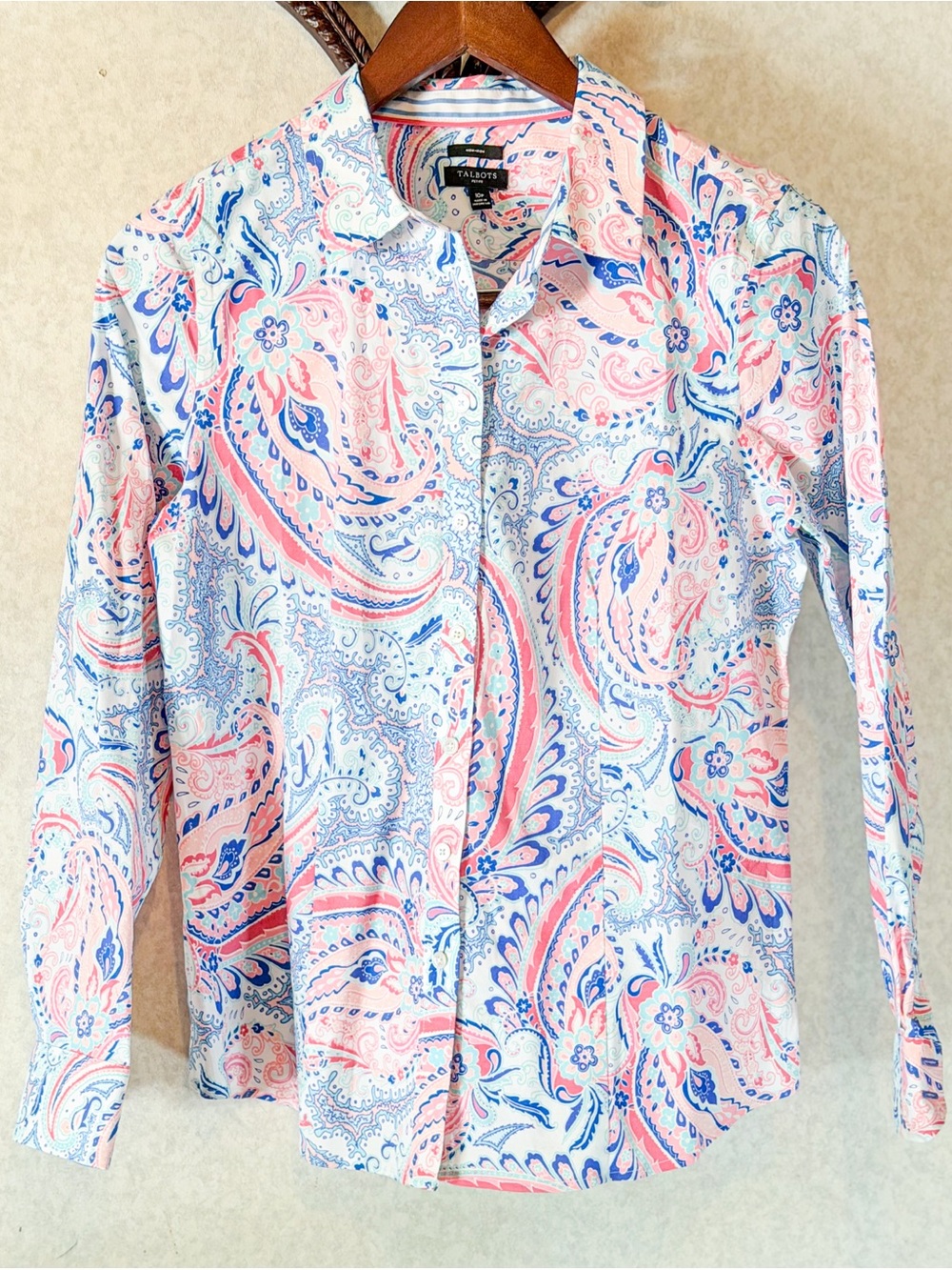 Talbots Petite 10P Paisley Button Down Cotton Stretch Preppy Coastal Luxury EUC - Picture 2 of 7